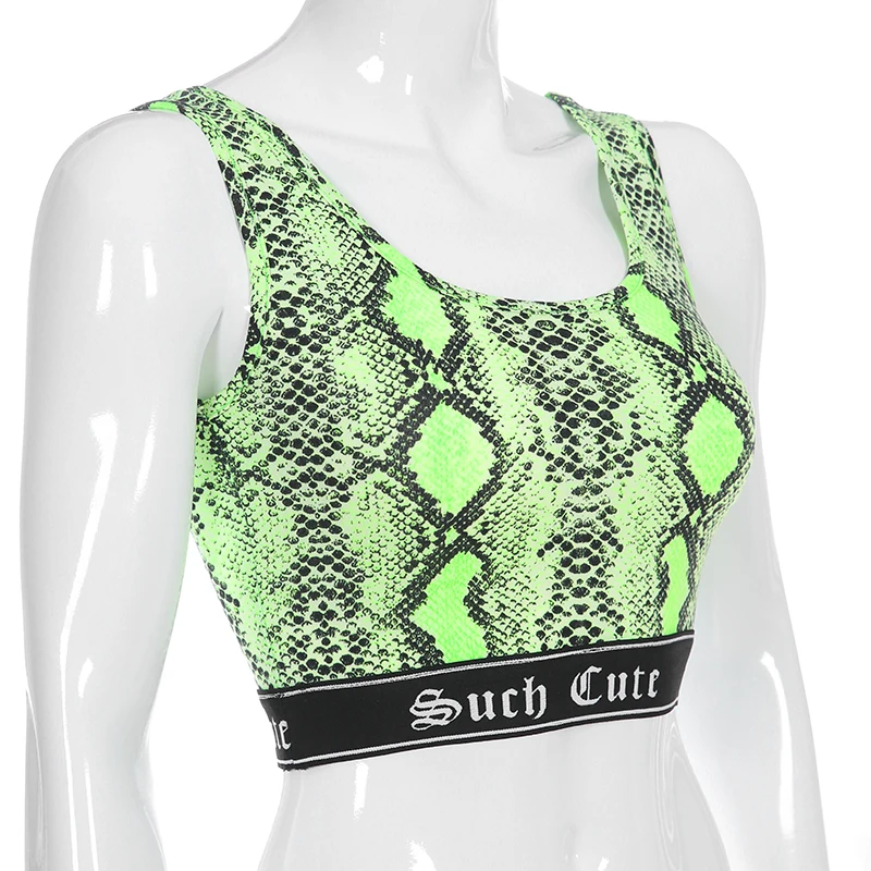 HEYounGIRL Snake Print Sleeveless Tank Top Women Fitness Workout Neon Green Crop Top Casual Vest Summer Tops Tees Streetwear