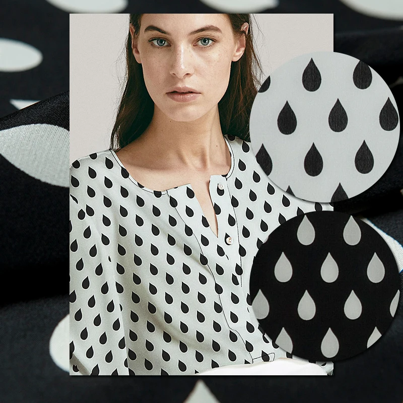 

Simple black/white raindrop print pure silk crepe de chine fabric,dots pattern,sewing for dress,skirt,blouse,craft by the yard