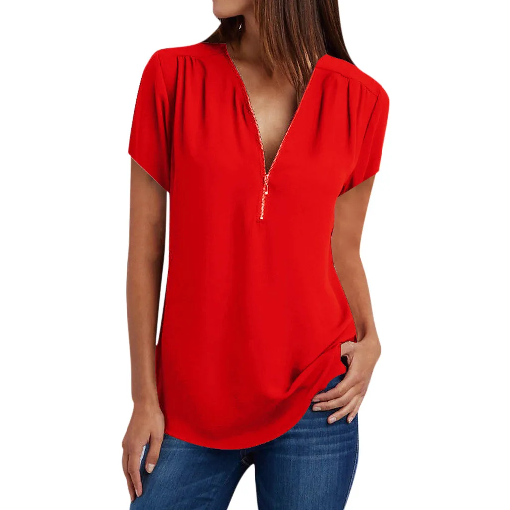Свободная блузка на молнии, топ, Женские повседневные топы, рубашка, женская рубашка с v-образным вырезом, женская рубашка, blusas mujer de moda#5 - Цвет: E