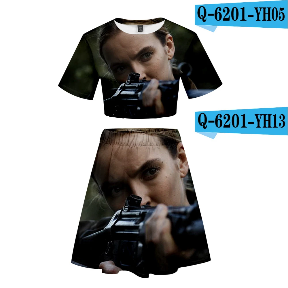 Костюм с короткой юбкой «Killing Eve»,, 2 футболки с короткими рукавами и вечернее платье, костюм из двух предметов, повседневный комплект высокого качества, Kpop - Цвет: B