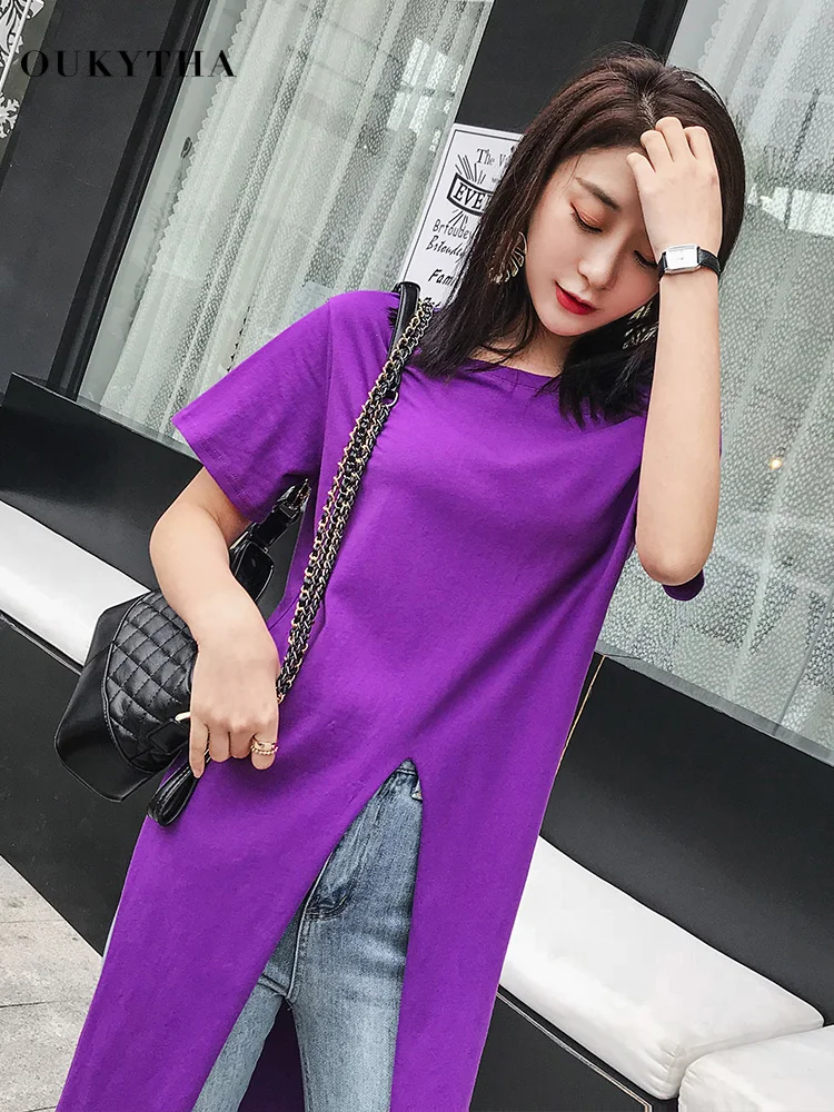 

Long Summer Women's T-shirt Side Front Vent 100% Cotton Female Tops Back Letter Printed Short O-neck Unique Tees Streetwear