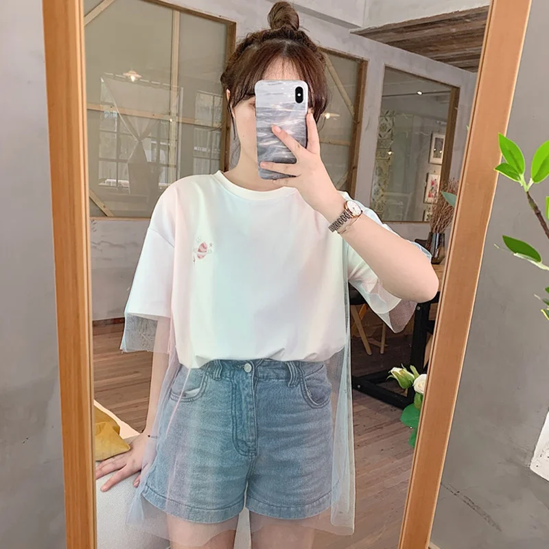 

Women's Fake Two Pieces tshirt Set Casual O-Neck Embroidery Pattern Mesh Stitching Short Sleeve Loose T-Shirt