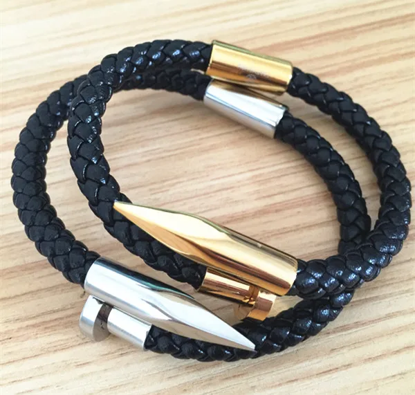 New Designs Men Bijoux Black Leather Nail Bracelet High Quality New Designs Men Bijoux Black Leather Nail Bracelet High Quality Genuine Cow Bangles Stainless Steel Jewelry 6 Color In Chain Link Bracelets