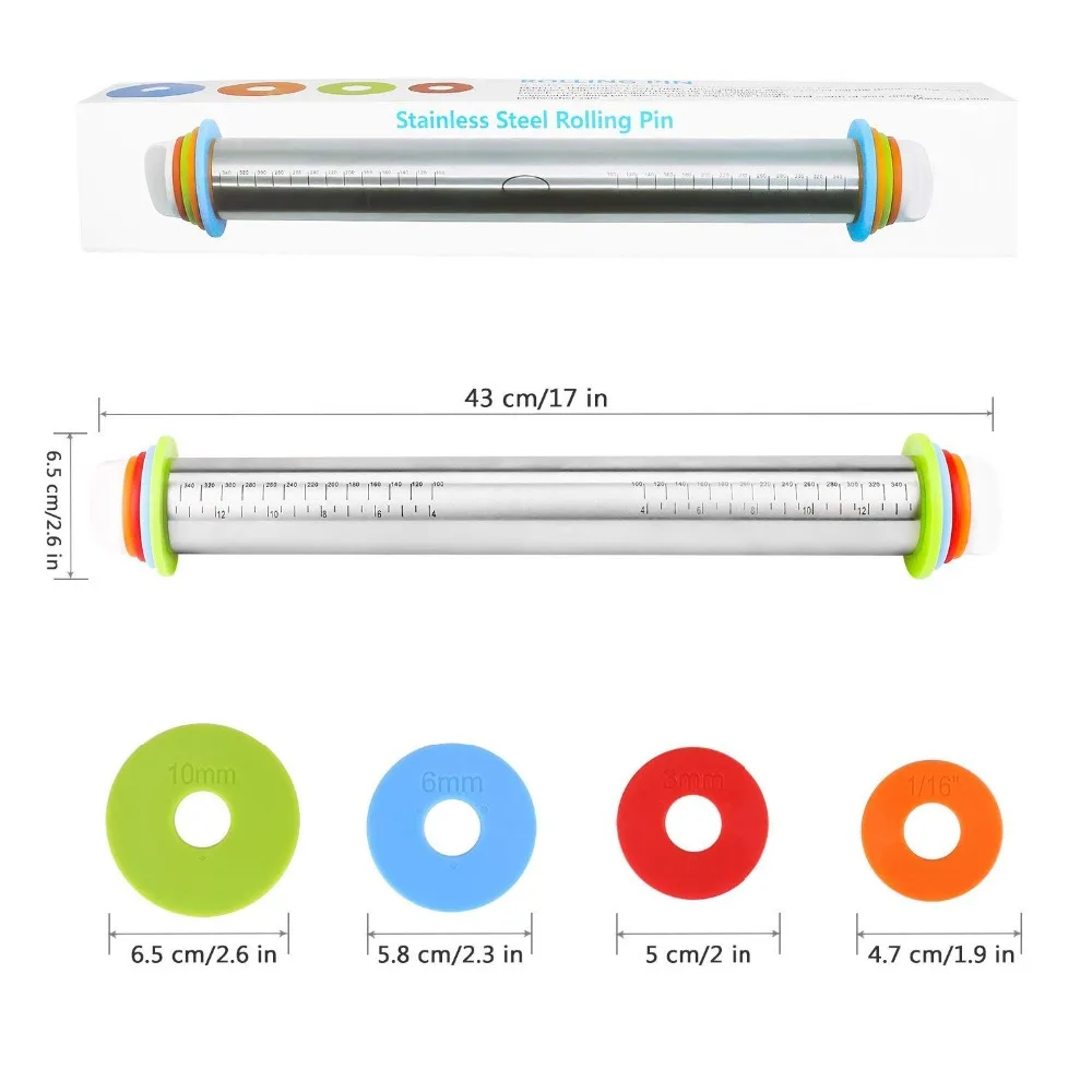 Регулируемая Скалка из нержавеющей стали с тестом мат тесто ролик с 4 съемными регулируемыми толстыми кольцами