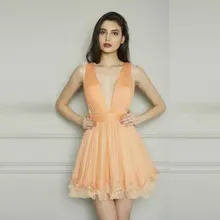 Mode Licht orange Kurzen Cocktailkleid Appliques Rüschen A-linie Cocktailkleid Sexy V-ausschnitt Sheer Zurück Organza Cocktailkleider