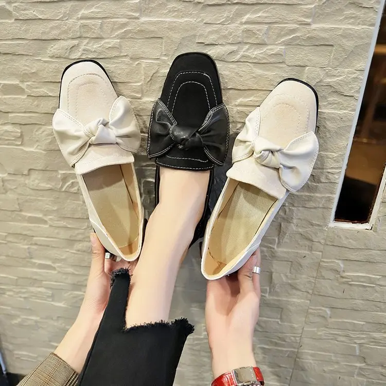 

2019 spring new fashion simple solid color flat shoes women retro comfortable wild bow casual loaf shoes.