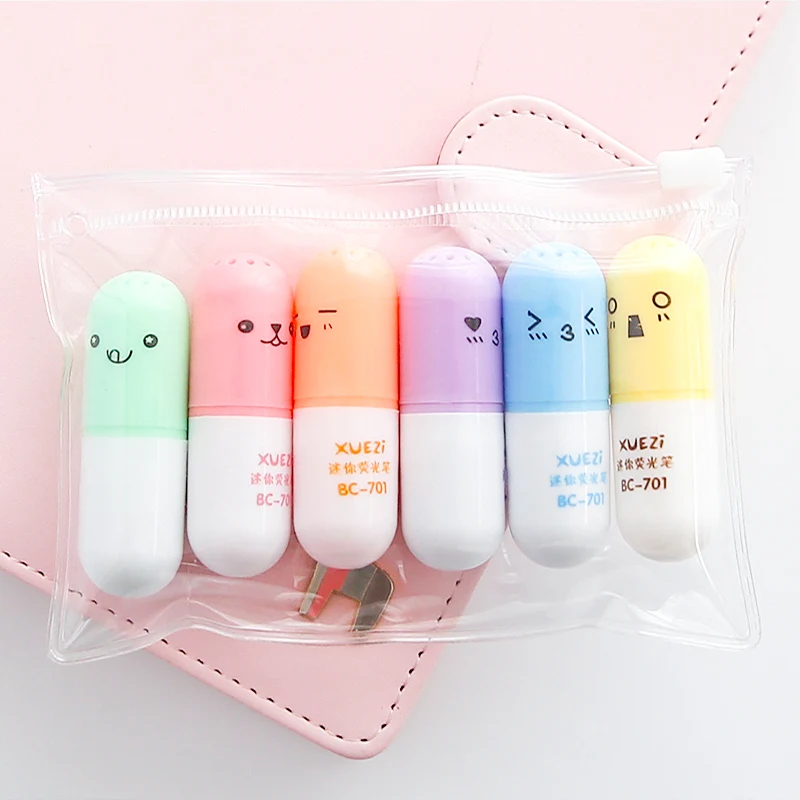 

6 pcs Cute face Capsule pill highlighter set Mini color marker drawing pen Spot liner Stationery Office School supplies FB869