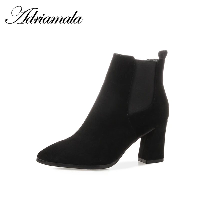 

2018 Cow Suede Ladies High Heel Boots Elastic Band Pointed Toe Square Heel Sewing Motorcycle Ankle Boots Women Fashion Adriamala