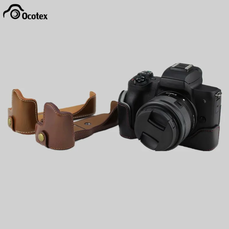 

Ocotex PU Leather Case Bottom Opening Cover For Canon EOS M50 eosm50 Protective Half Body Base Bag