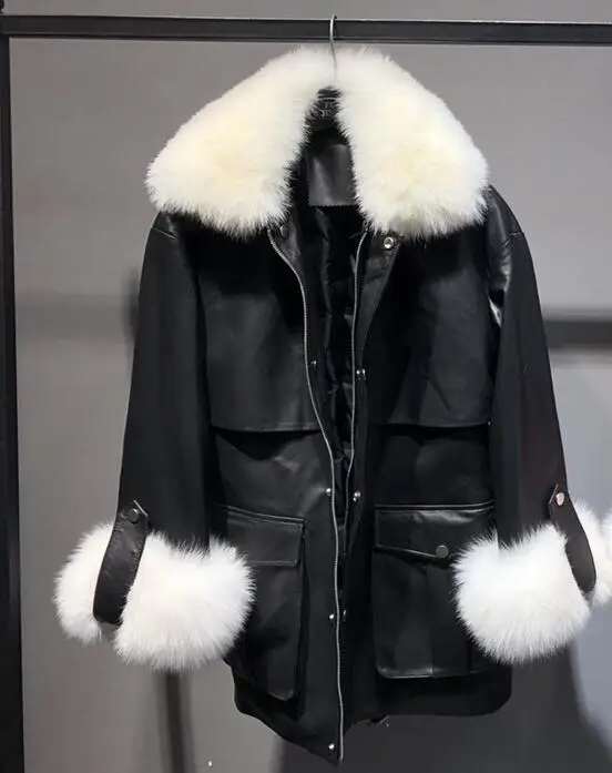 Теплая утолщенная куртка из натуральной овечьей кожи с воротником из натурального Лисьего меха, Женская куртка, новое модное осенне-зимнее пальто - Цвет: Черный