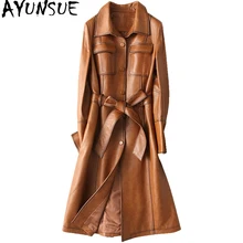 AYUNSUE Женская куртка из натуральной кожи, винтажное пальто из натуральной овчины с поясом, длинный Тренч для весны и осени, Женский 28214 YQ2178