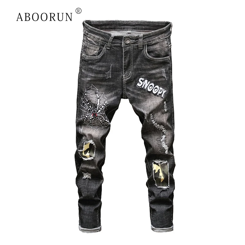 ABOORUN Men's Skinny Ripped Jeans Spider Embroidery Jeans Urban Brand