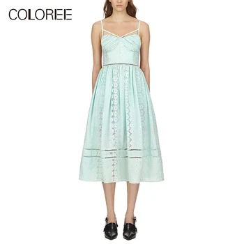 

COLOREE Self Portrait Designer Midi Dress 2019 Summer Fresh Sexy Spaghetti Strap Hollow Out Lace Backless Vacation Beach Dress