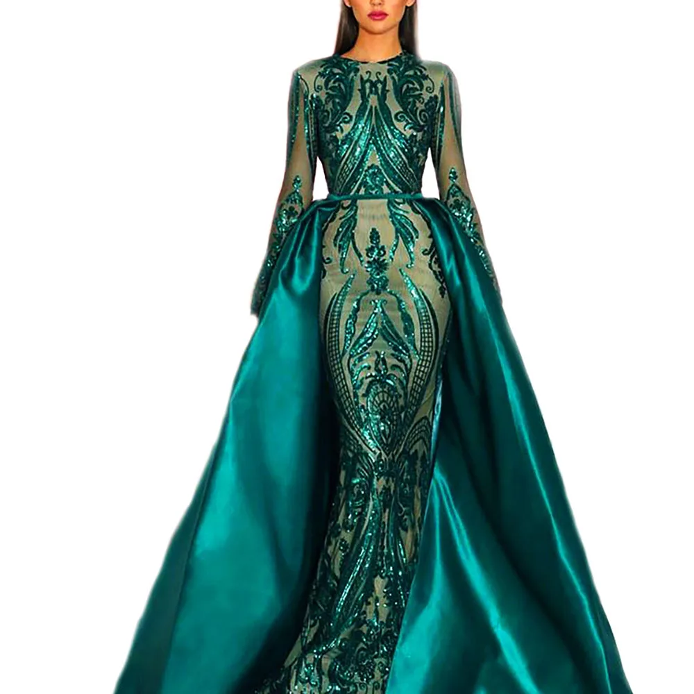 

New Two Piece Detachable Train Long Evening Dress Sequins Embroidery Lace Long Sleeves O Neck Formal Bridal Prom robe de soiree