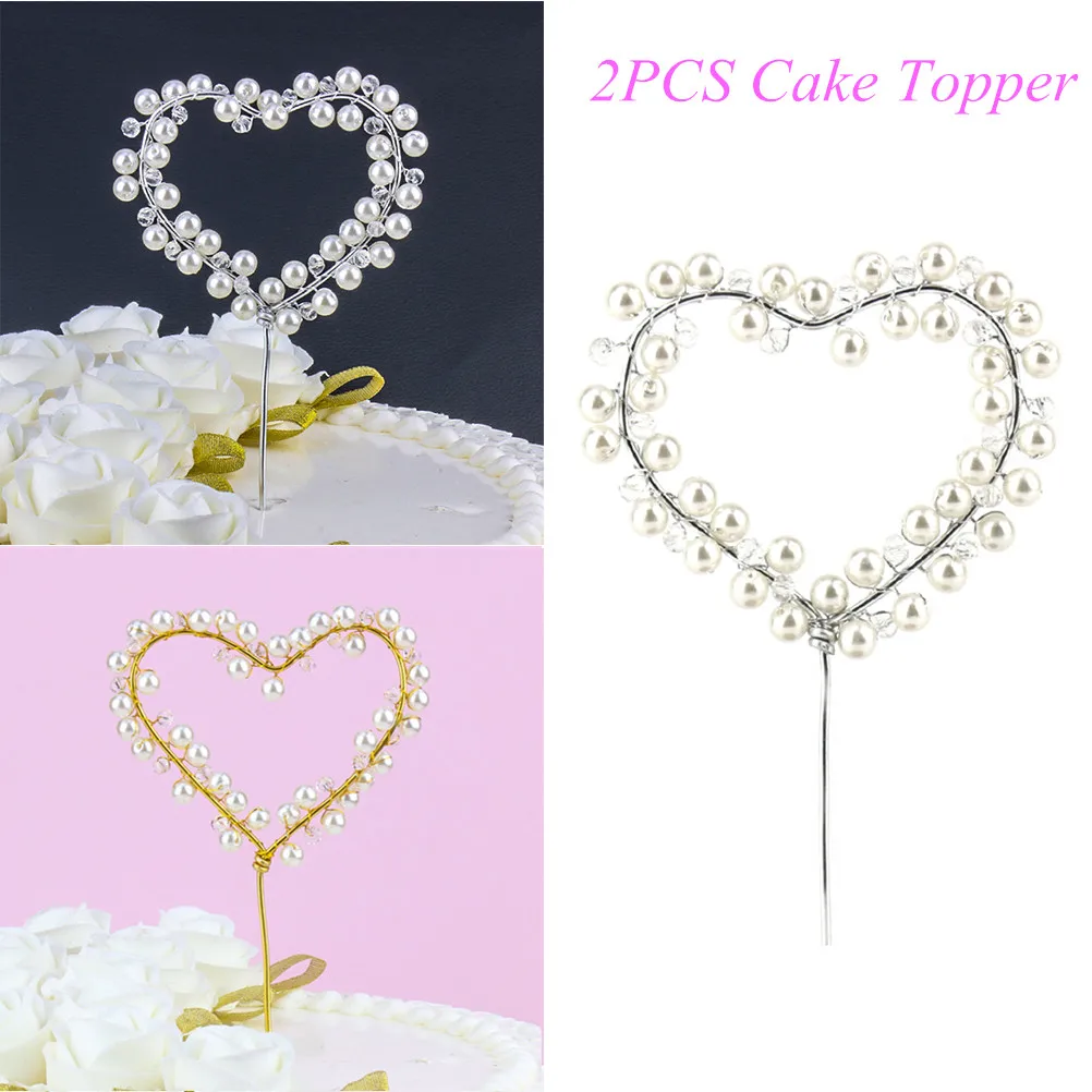 

2pcs/Pack Iron Art Pearl Cake Topper Heart Shape Shiny Cupcake Toppers Birthday Cake Picks For Kids Adults (Golden/Sliver)