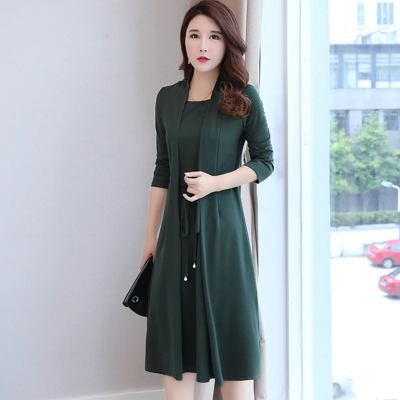 

2019 autumn large size middle-aged Fake Two Pieces Dress Women Plus Size Patchwork Long Sleeve With Belt Dresses Vintage Vestido