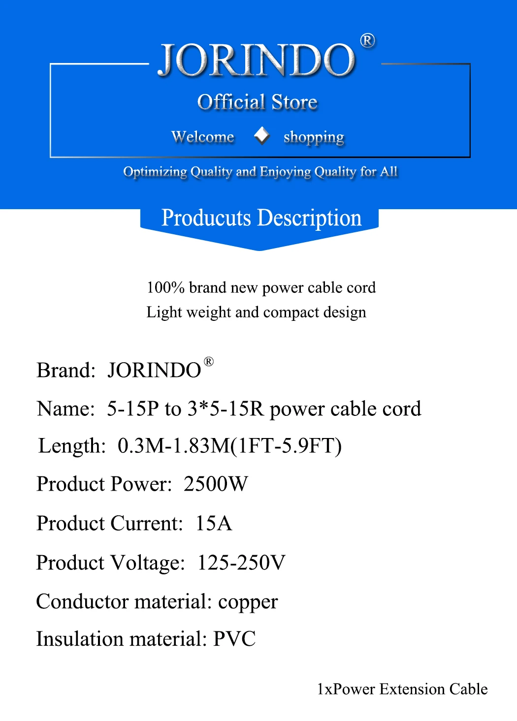 JORINDO 0,3 M/1FT, США 5-15P 3 pin до 5-15R 3 отверстия кабель питания, Американский промышленный уровень Штекерный к женскому адаптеру кабель