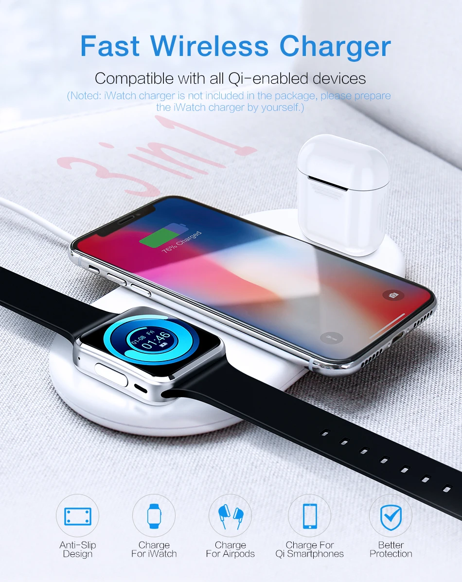 Беспроводное зарядное устройство QI для Apple Watch iphone AirPods зарядное устройство s 3 в 1 Беспроводное зарядное устройство для iphone X XS Max XR 8 8Plus зарядное устройство