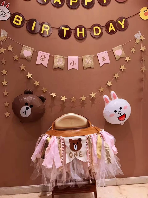 

Free Shipping Line Brown Bear Inspired Baby Girl First Year Birthday Party Setting Kits Rabbit Foil Balloons And Latex Balloons