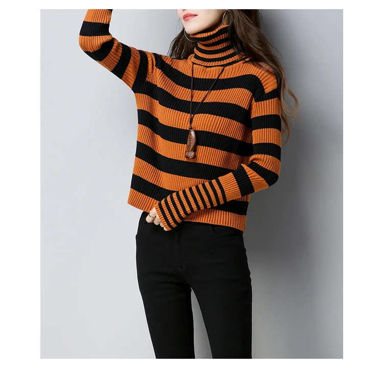 Женский свитер с высоким воротом, осенние свитера в полоску, мода, Женский вязаный пуловер, черная водолазка в полоску, свитер в рубчик