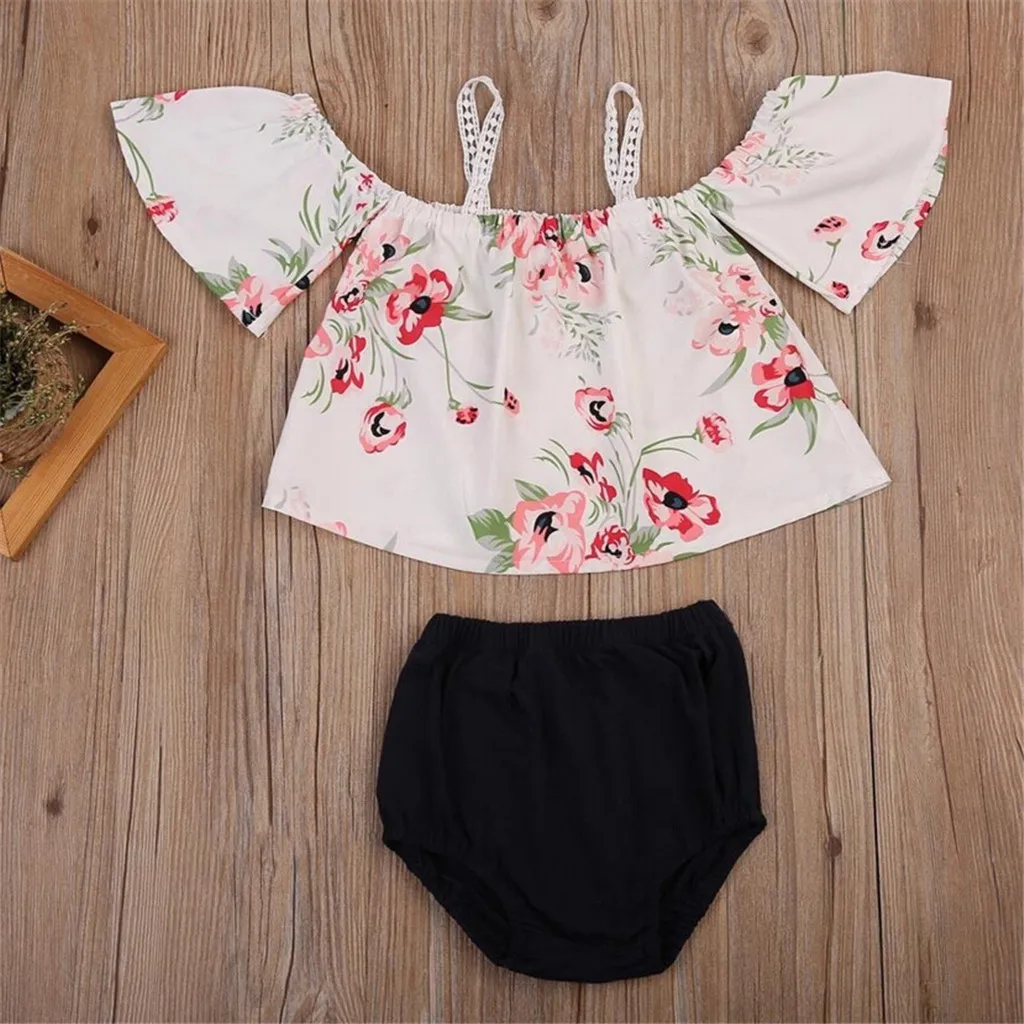 

Toddler Baby Kids Girls Clothes Set Toddler Baby Girls Floral Print One-Shoulder Tops+Ruched Shorts Outfits 2Pcs Sets clothes