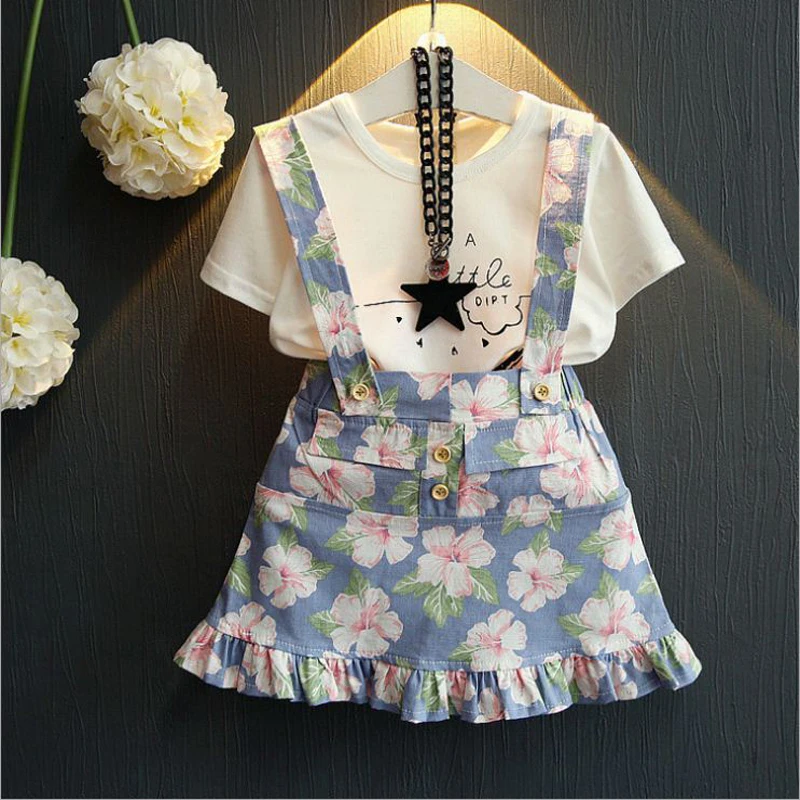 kid girls Skirt Set 2019 summer children outfits short sleeve T-shirt tops+floral suspender skirt boutique kids clothing toddler