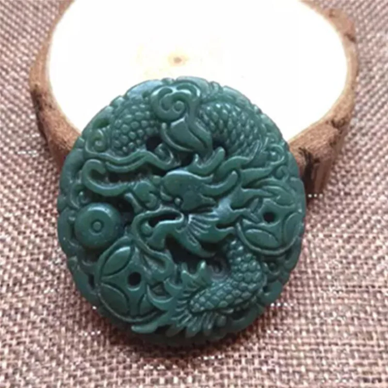 

yu xin yuan natural hetian qing jade pendant carved chinese dragon lucky amulet necklace women men jewelry