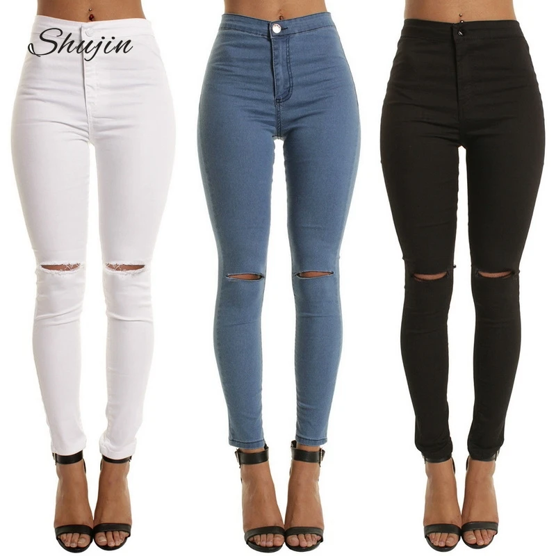 SHUJIN High Waist Casual Skinny Jeans For Women Hole Vintage Girls Slim Ripped Denim Pencil Pants High Elasticity Black Blue SHUJIN High Waist Casual Skinny Jeans For Women Hole Vintage Girls Slim Ripped Denim Pencil Pants High Elasticity Black Blue
