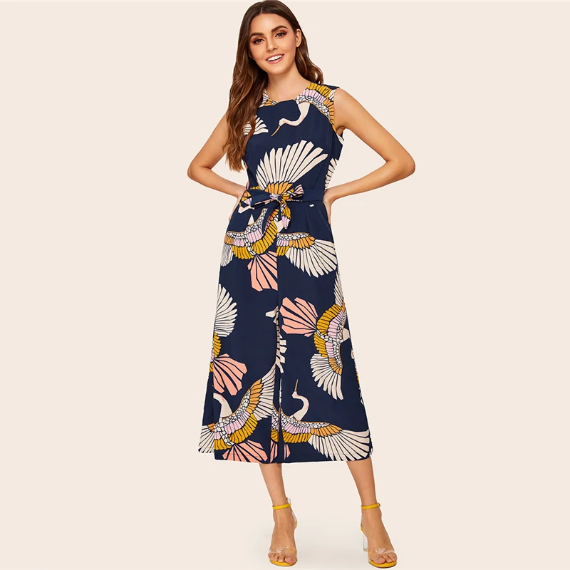 cranes print belted wide leg jumpsuit