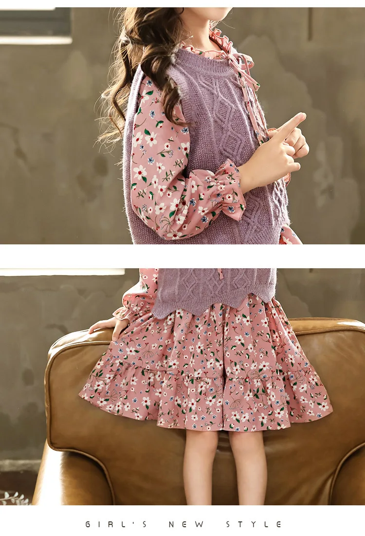 Новые осенние платья для девочек, Детский комплект из 2 предметов, Детский свитер с длинными рукавами, жилет и шифоновое платье с цветочным рисунком, детский набор одежды,#3236