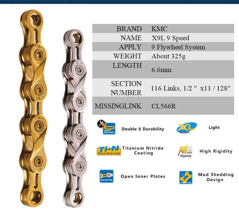 KMC велосипедных цепей 8/9/10 Скорость горный велосипед цепи 116 ссылки X8/X9/X10/X11 супер светильник цепи Титан цвета: золотистый, серебристый Цвет