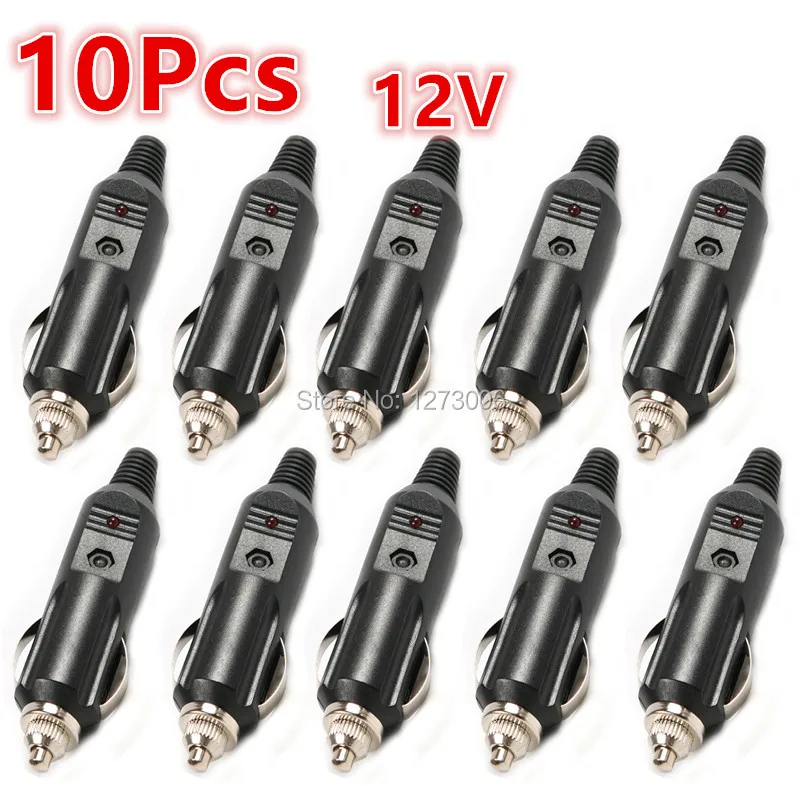 

High Quality 10Pcs 12V Black Male Car Cigarette Lighter Socket Plug Connector with Fuse Red LED Light Car Chargers Car-Styling