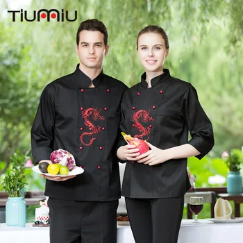 

4XL Women Kitchen Cook Wear Embroidery Dragon Double-breasted Uniform Restaurant Bakery Chef Jackets & Aprons Workwear Wholesale