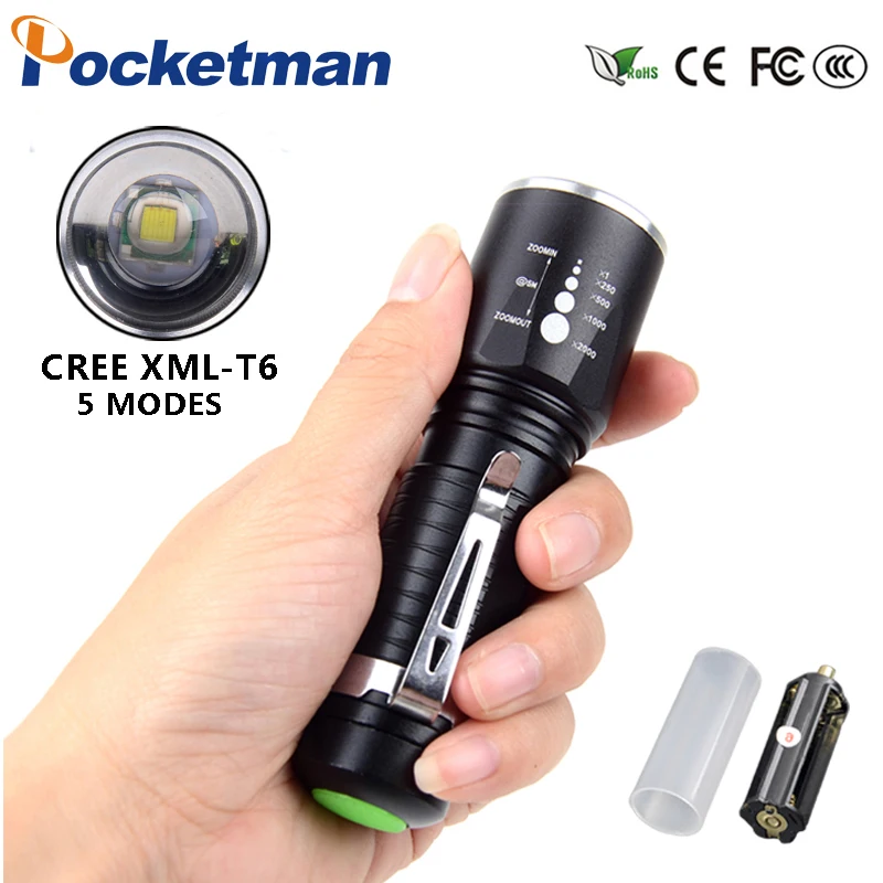 

8000 Lumens XM-L T6 Flashlight zoomable Tactical Torch 5 Modes Portable Lamp waterproof Torch 18650 or AAA Battery