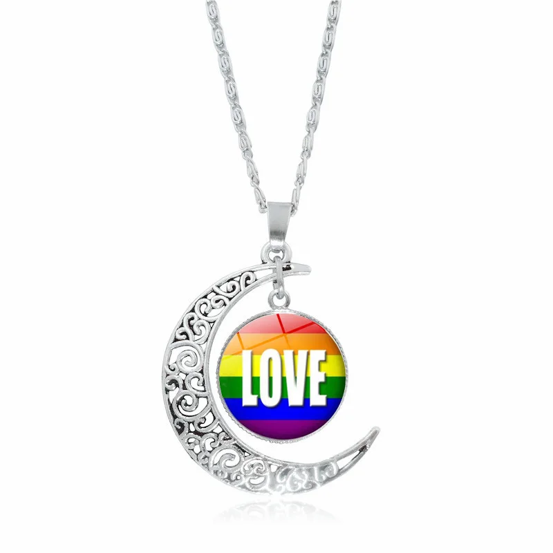 

XUSHUI XJ Gay Pride Rainbow Flag Photo Glass Cabochon Necklace Silver Crescent Moon Pendant Statement Necklace Women Lover Gifts