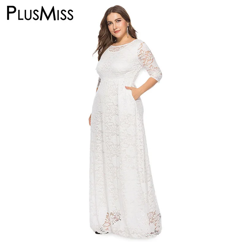 PlusMiss размера плюс 5XL XXXXL XXXL Черный, красный, белый цвета кружевное элегантное Вечеринка платья больших Размеры летние макси длинное платье Robe Femme - Цвет: Белый
