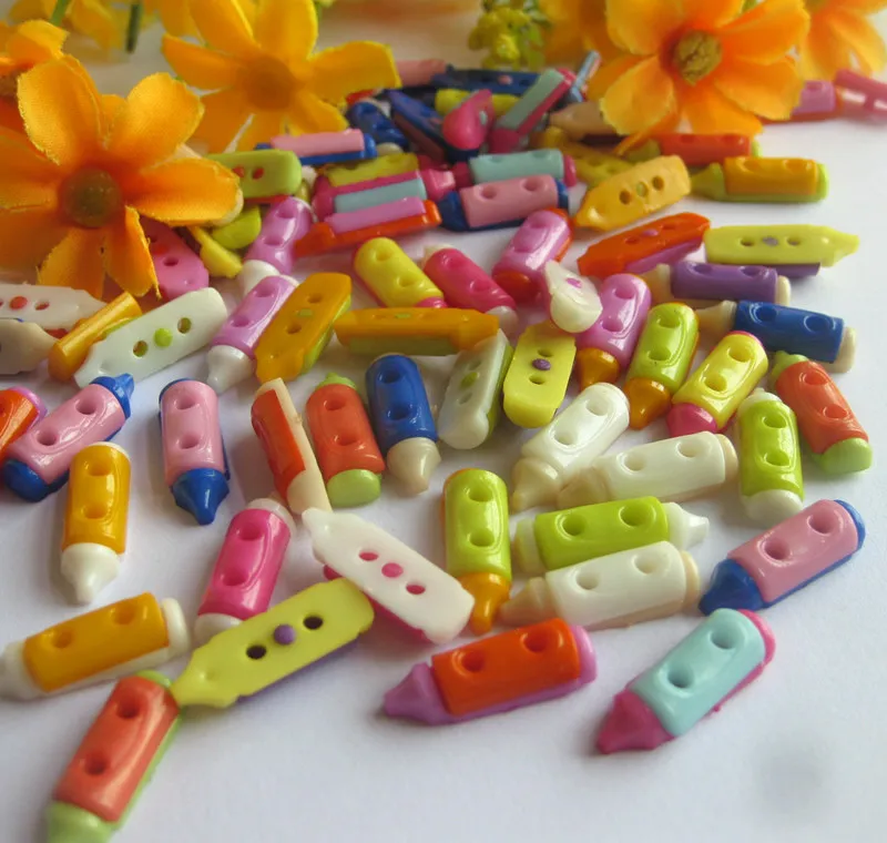 

50pcs Mixed Color Multicolor pencil Buttons 2 Holes Random Printing Botones Sewing Accessories Scrapbooking 7*20mm