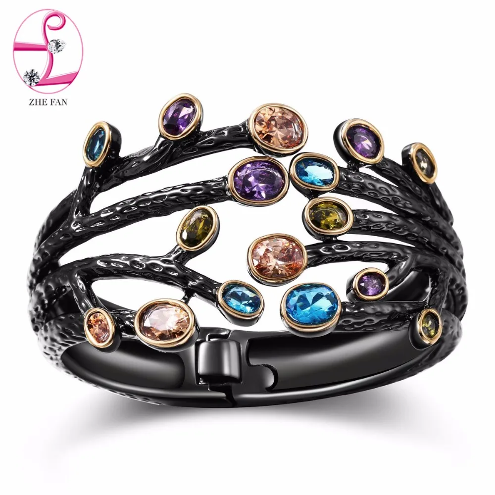 

ZHE FAN Women Vintage Open Cuff Bracelets & Bangles With AAA Cubic Zirconia Black Gold Color Plated Branches Wide Jewelry Gift