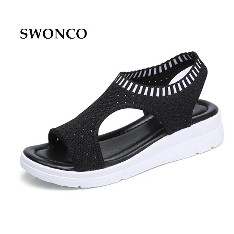 

SWONCO Women's Sandals Summer Breathable Mesh Elastic Band Ladies Shoes Women Sandals Flat Casual Light Weight Woman Shoes