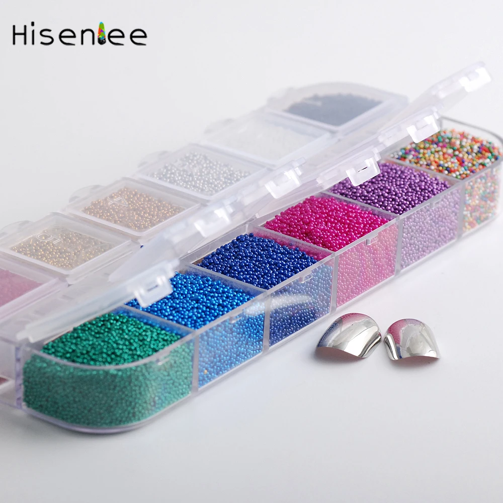 Hisenlee 12 Colors 1Box Micro Ball Micro Crystal Nail Caviar Beads Glass Trend Caviar Nail Art