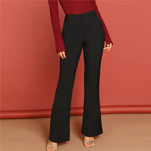 SHEIN Lady Black Elegant Slant Pocket Mid Waist Flare Leg Pants Spring
