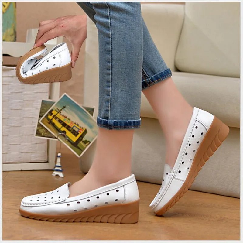 

Spring Summer Women Flat Casual Shoes genuine leather flat shoes Soft bottom hollow out Women Loafers