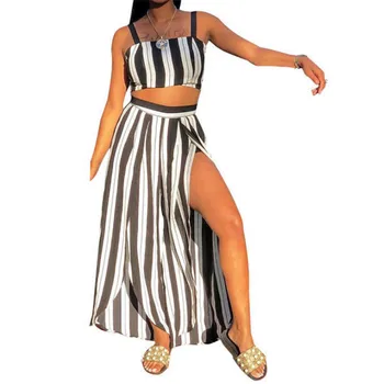 

Sexy Women's Summer Vest High Slit Pants 2Pcs Suit Elegant Woman Striped Casual Club Sleeveless Tops High Waisted Wide Leg Pants