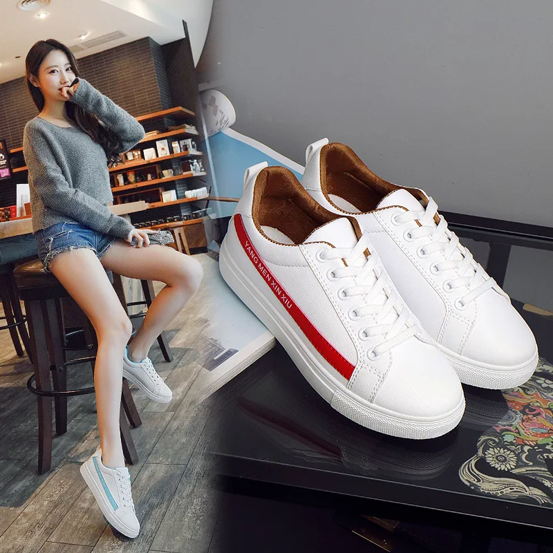

2018 women Autumn summer Youth New White Sneakers Flaty Casual Fashion School Male Shoes Skateboards Lace Streetdance Leather