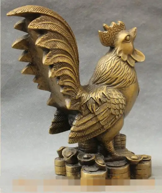 

S02883 8.6 Chinese Bronze Auspicious Year Zodiac Cock Rooster Stand YuanBao Coin Statue B0403