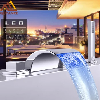 

Quyanre RU Shipping 5pcs LED Waterfall Bathtub Faucet 3 Handles Mixer Sink Tap LED Waterfall Bathroom Faucet Torneiras