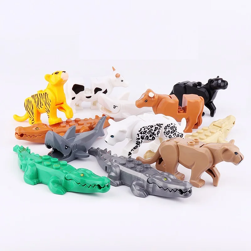 Mini juguetes de bloques de construcción compatibles con figuras de animales, tiburón, ganado, Cocodrilo, dinosaurio, Tigre, oso, ciudad, Zoo, piezas, Playmobil, MOC