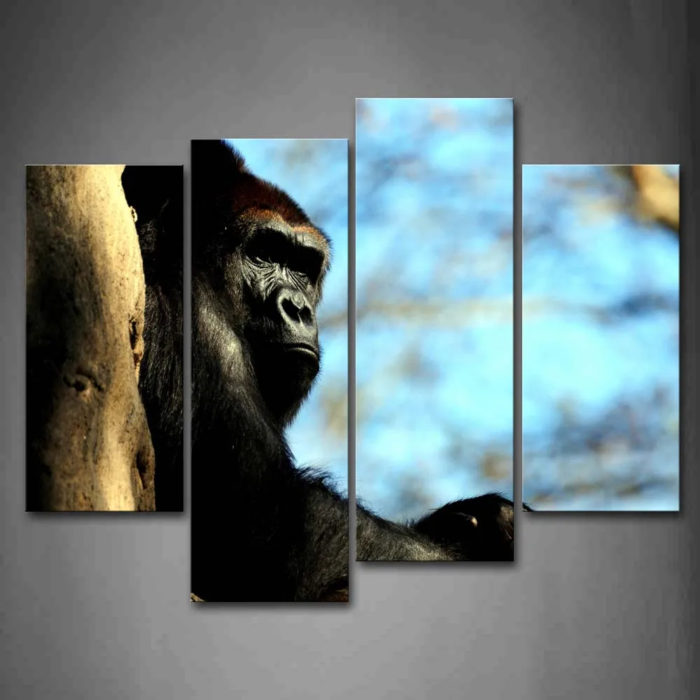 

Framed Wall Art Pictures Gorilla Tree Trunk Canvas Print Animal Modern Posters With Wooden Frames For Living Room Decor