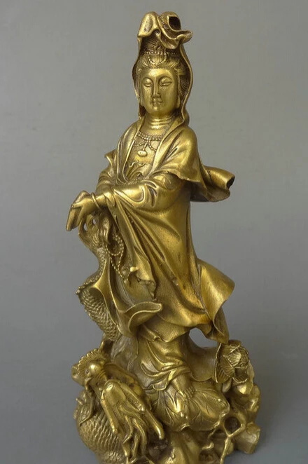 

xiuli 003072 Chinese Buddhist Brass Lotus GuanYin Kwan-Yin Pot Goddess Ride Dragon Statue