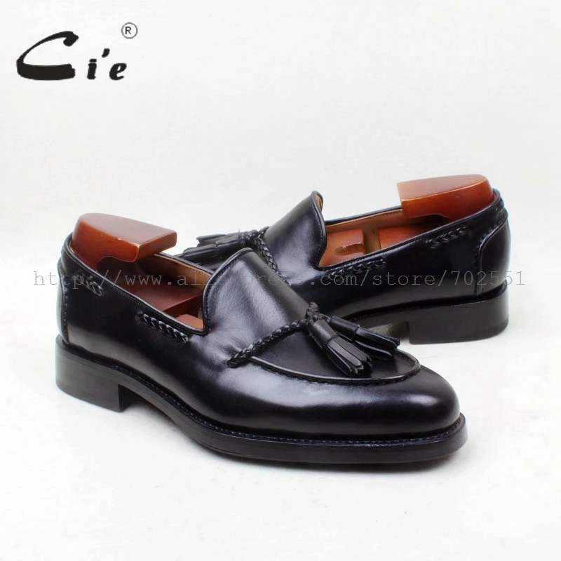 cie Round Toe Genuine Leather Outsole Bespoke Goodyear Welted Handmade Black Tassels Slip-on Men's Shoe loafer 158